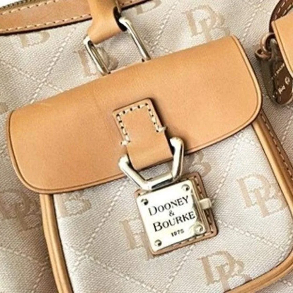Dooney & Bourke Signature Monogram Canvas Satchel Tan Leather Trim Bag
